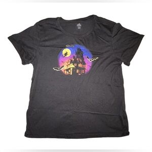 Black and Colorful Haunted House Halloween Women’s T-Shirt Size Large